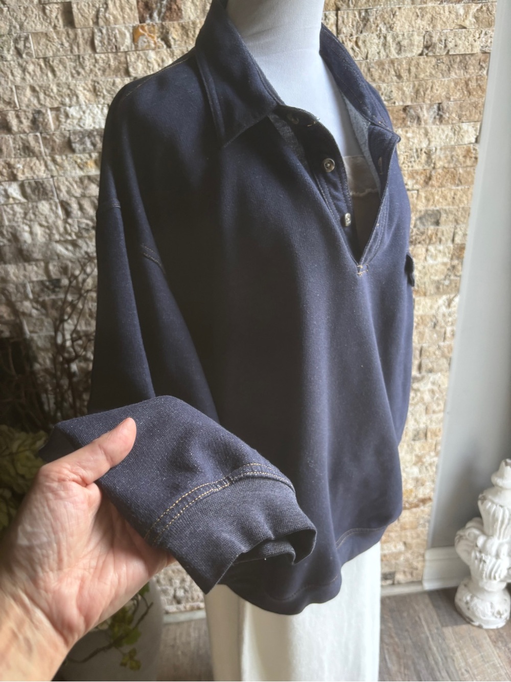 Classic Navy Long-Sleeve Henley Pullover Vintage - Picture 3 of 8